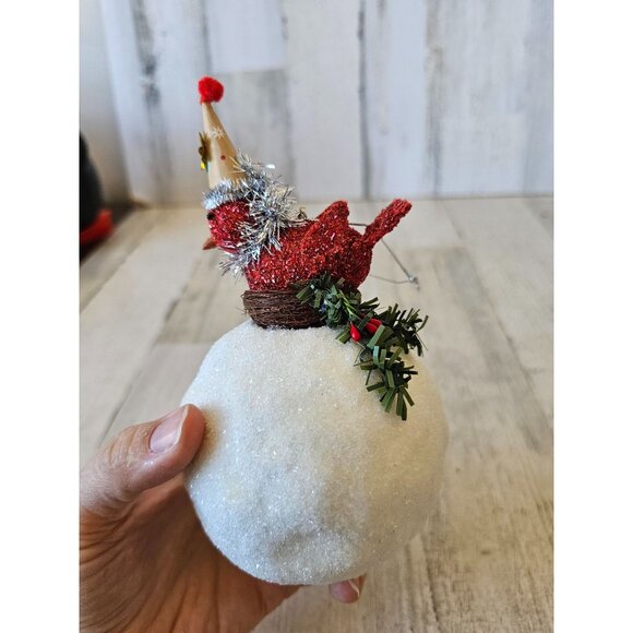 shabby chic Cardinal snowball ornament bird nest Xmas decor - Picture 5 of 10